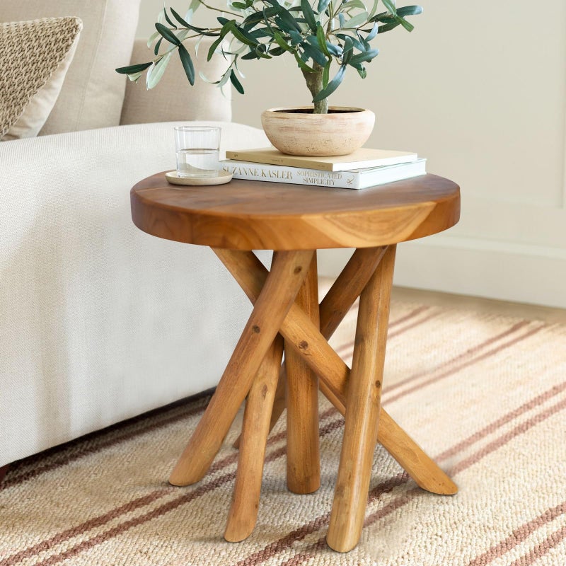 JOLLYMER 11.8" Round Wood Plant Stand | Teak Stool with Stick Leg | Accent Stool | Small Side Table for Living Room, Bedroom, Yard - Image 1