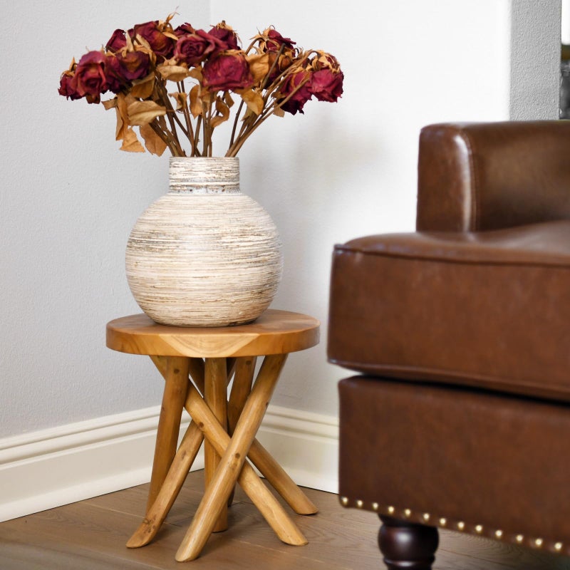 JOLLYMER 11.8" Round Wood Plant Stand | Teak Stool with Stick Leg | Accent Stool | Small Side Table for Living Room, Bedroom, Yard - Image 2