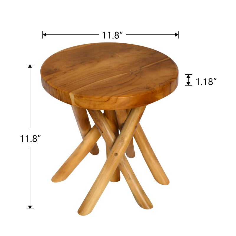 JOLLYMER 11.8" Round Wood Plant Stand | Teak Stool with Stick Leg | Accent Stool | Small Side Table for Living Room, Bedroom, Yard - Image 3