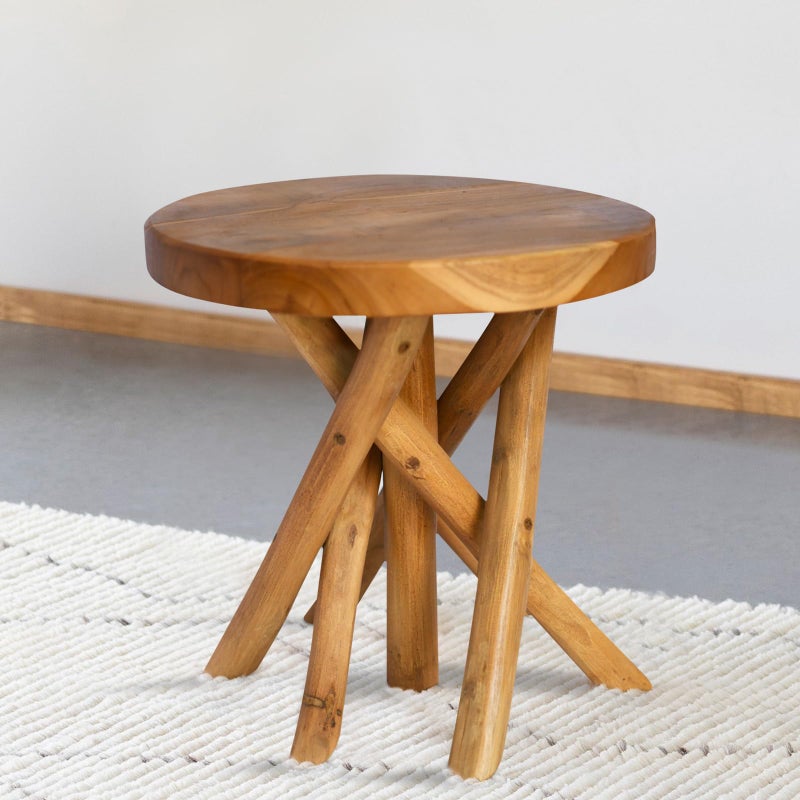 JOLLYMER 11.8" Round Wood Plant Stand | Teak Stool with Stick Leg | Accent Stool | Small Side Table for Living Room, Bedroom, Yard - Image 4