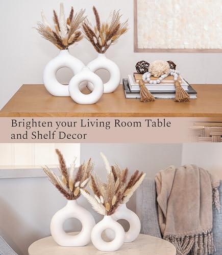 VELOVA Set of 3 White Ceramic Vase with 65 PCS Dried Pampas Grass Flowers Aesthetic Boho Modern Small Round Cute Vases for Decor Living Room Coffee Table Shelf Bedroom Office Desk Home Gifts Women Mom - Image 4