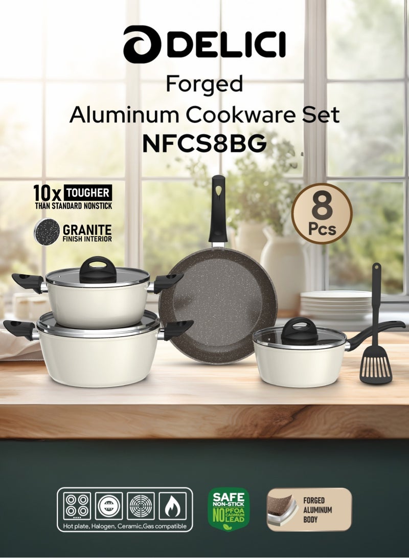 DELICI 8-Piece Nonstick Forged Cookware Set | Aluminium Pots & Pans with Tempered Glass Lids, Induction Base, Heat-Resistant Exterior & Bakelite Handles | Saucepan, Casserole, Frypan & Nylon Spatula | Beige & Brown | NFCS8BG - Image 2