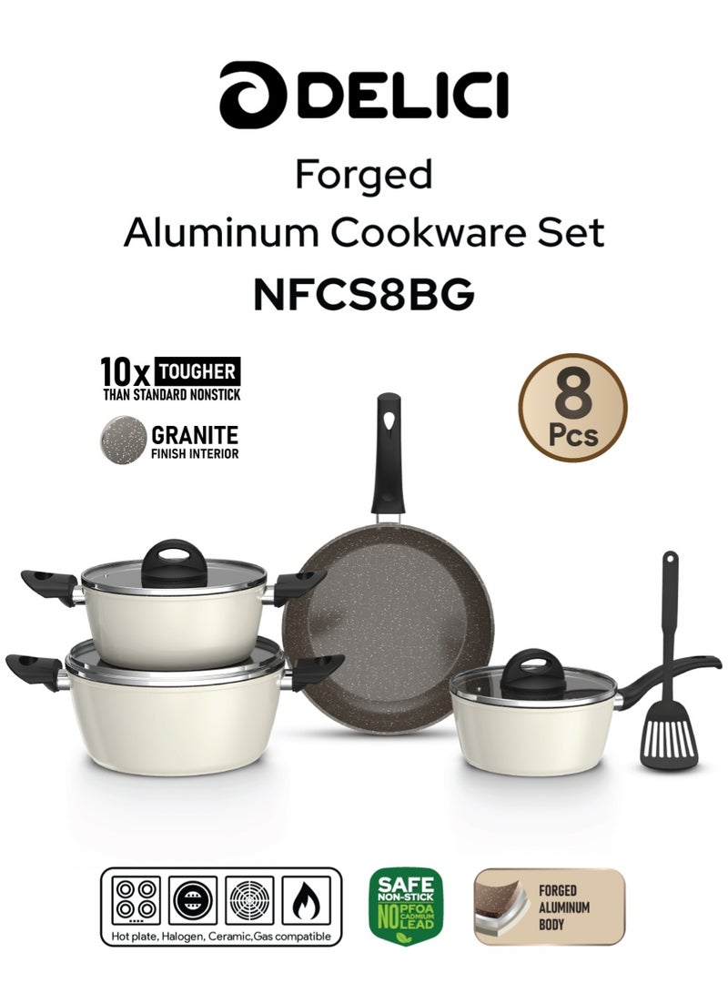 DELICI 8-Piece Nonstick Forged Cookware Set | Aluminium Pots & Pans with Tempered Glass Lids, Induction Base, Heat-Resistant Exterior & Bakelite Handles | Saucepan, Casserole, Frypan & Nylon Spatula | Beige & Brown | NFCS8BG - Image 1