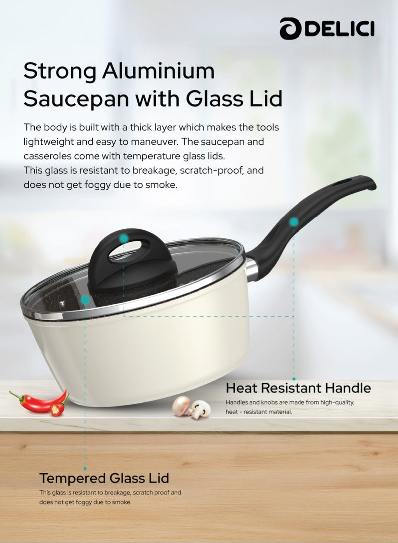 DELICI 8-Piece Nonstick Forged Cookware Set | Aluminium Pots & Pans with Tempered Glass Lids, Induction Base, Heat-Resistant Exterior & Bakelite Handles | Saucepan, Casserole, Frypan & Nylon Spatula | Beige & Brown | NFCS8BG - Image 3