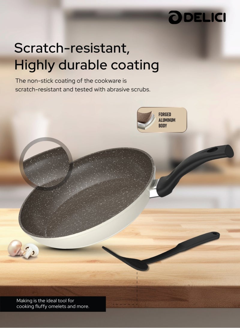 DELICI 8-Piece Nonstick Forged Cookware Set | Aluminium Pots & Pans with Tempered Glass Lids, Induction Base, Heat-Resistant Exterior & Bakelite Handles | Saucepan, Casserole, Frypan & Nylon Spatula | Beige & Brown | NFCS8BG - Image 5