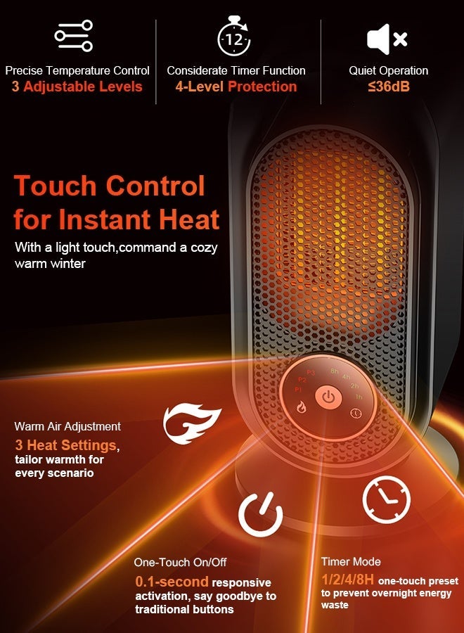 فورثكان مدفأة كهربائية محمولة، سخان سيراميك PTC بقوة ‎1500W‎ للتدفئة السريعة والآمنة، سخان صغير للمكتب والمنزل وغرفة النوم مع مؤقت 12 ساعة، 3 أوضاع تشغيل، وحماية من السخونة الزائدة والانقلاب - Image 4