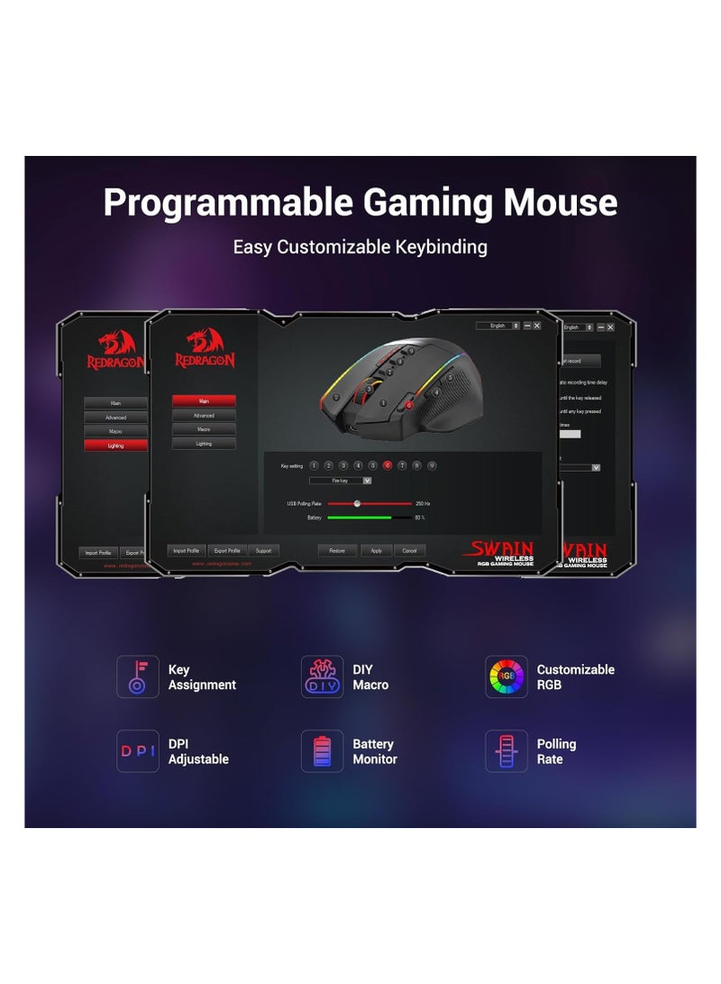 ريدراجون ماوس ألعاب لاسلكي M915WL-RGB، ماوس مريح 16000 نقطة في البوصة مع مفتاح إطلاق سريع، 9 أزرار ماكرو، سعة طاقة متينة تصل إلى 170 ساعة وماوس سلكي/لاسلكي بإضاءة خلفية RGB لأجهزة الكمبيوتر المحمول/Mac/PC - Image 5