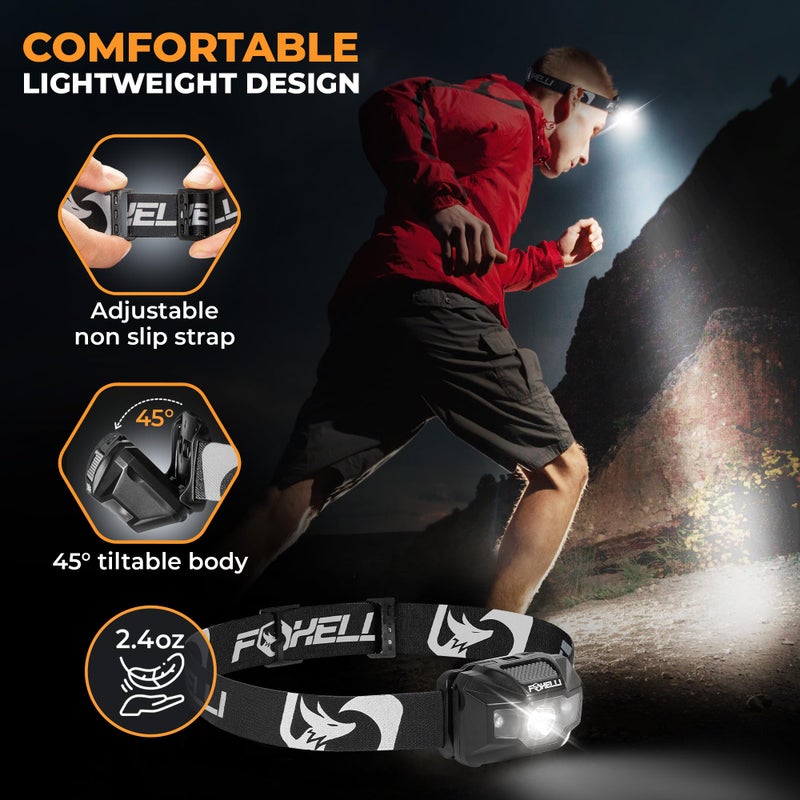 Foxelli مصباح رأس LED قابل لإعادة الشحن من فوكسيلي USB-C - خفيف الوزن 2.4 أونصة و ساطع 180 لومن - ضوء أحمر/أبيض، 5 أوضاع، مقاوم للماء IPX5، 40 ساعة من التشغيل للجري في المسارات، التخييم، المشي - Image 4
