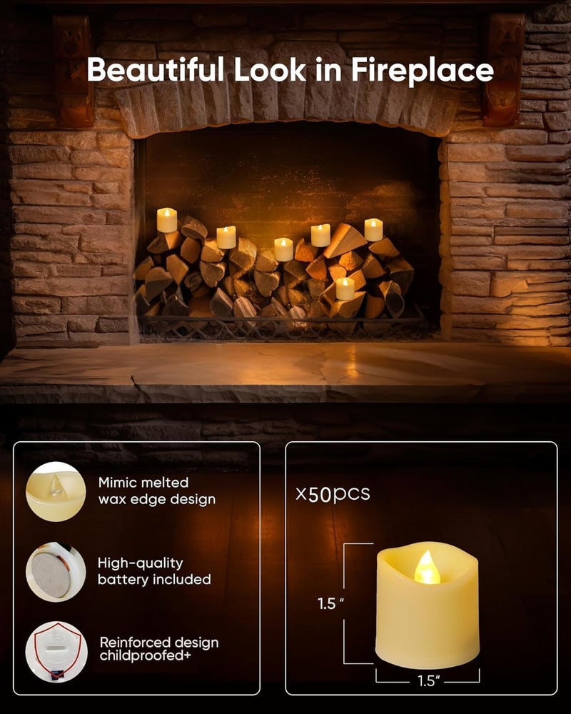 Homemory 50Pack Flameless LED Votive Candles, 200+Hour Lasting Electric Fake Candles, Battery Operated Tealights in Warm White for Wedding, Proposal Anniversary, Romantic Decor (Ivory Base) - Image 3