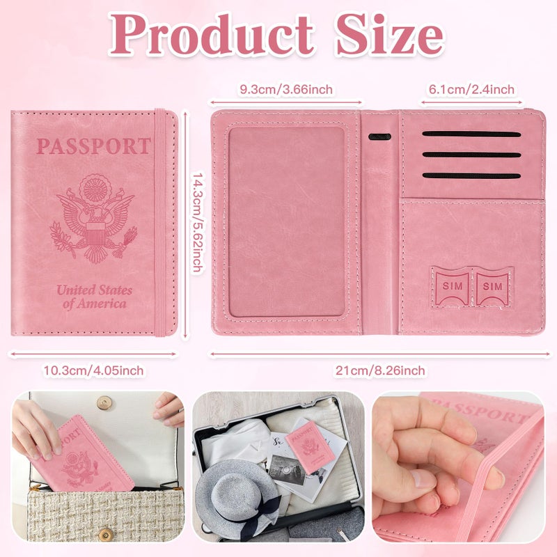 RHOttbiy Passport Holder for Travel, RFID Blocking Passport Cover with Pen Holder Leather Passport Wallet Case Travel Must Haves Accessories Passport Book Card Holder for Family Travel Essentials Gifts, Pink - Image 3