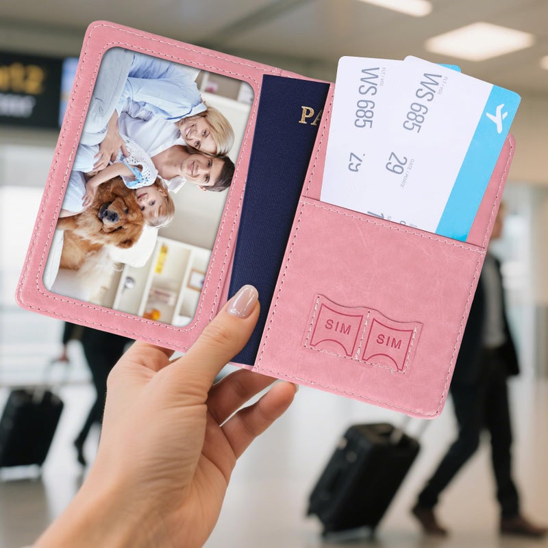 RHOttbiy Passport Holder for Travel, RFID Blocking Passport Cover with Pen Holder Leather Passport Wallet Case Travel Must Haves Accessories Passport Book Card Holder for Family Travel Essentials Gifts, Pink - Image 2