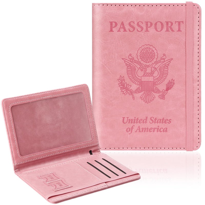 RHOttbiy Passport Holder for Travel, RFID Blocking Passport Cover with Pen Holder Leather Passport Wallet Case Travel Must Haves Accessories Passport Book Card Holder for Family Travel Essentials Gifts, Pink - Image 1