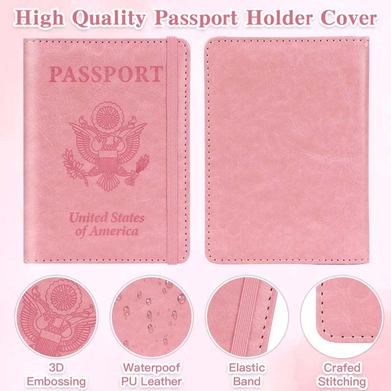 RHOttbiy Passport Holder for Travel, RFID Blocking Passport Cover with Pen Holder Leather Passport Wallet Case Travel Must Haves Accessories Passport Book Card Holder for Family Travel Essentials Gifts, Pink - Image 4