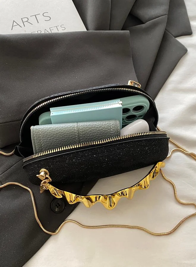 Take Two Sparkling Black Sling Bag with Wavy Gold Embellishment
