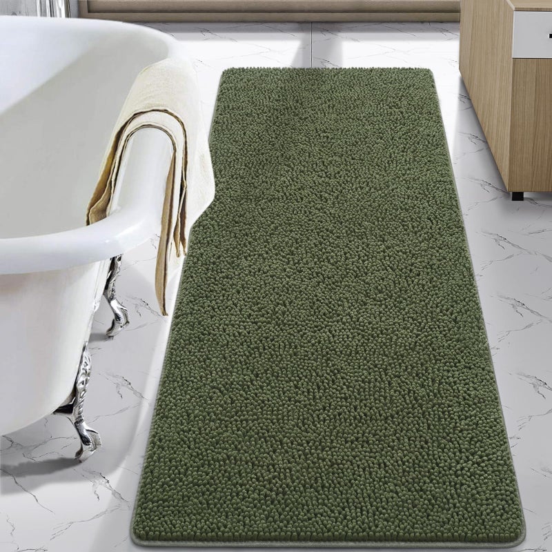 LOCHAS Luxury Bathroom Rug Shaggy Bath Mat 24 x 60 Inch, Washable Non Slip Bath Rugs for Bathroom Shower, Soft Plush Chenille Absorbent Carpets Mats, Olive Green - Image 1