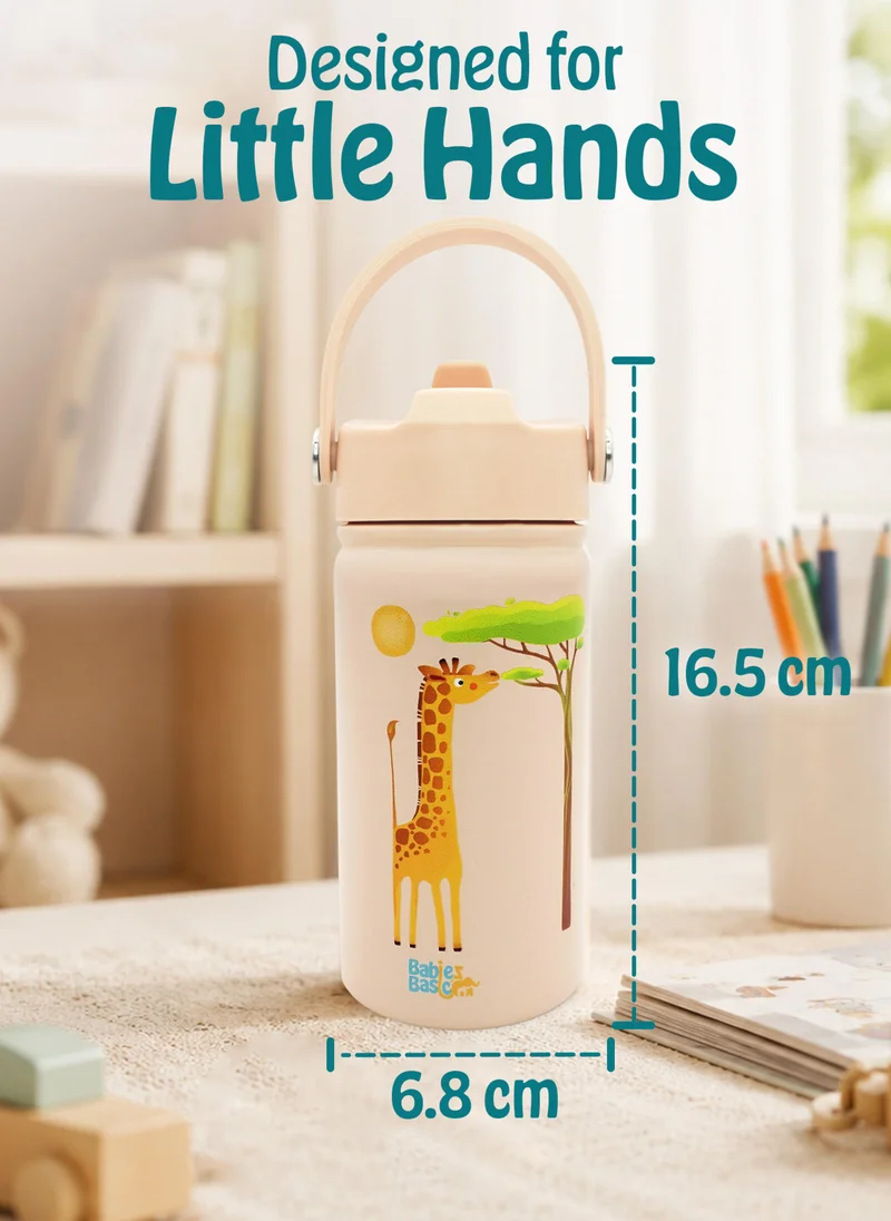 Babies Basic Babies Basic Kids Stainless Steel Water Bottle with Straw - 400ml – Double Wall Vacuum Insulated, Leakproof Thermal Flask, BPA-Free, Reusable Drinking Bottle for School & Travel - Giraffe Themed - Beige