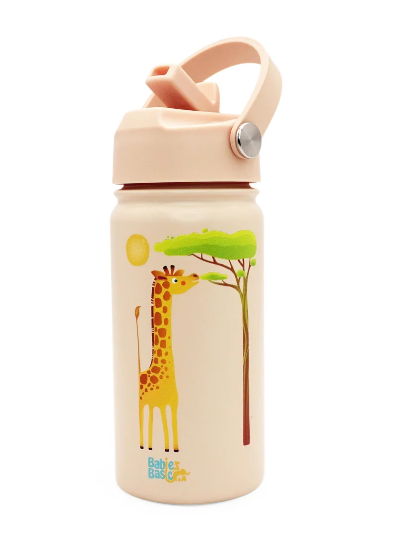 Babies Basic Babies Basic Kids Stainless Steel Water Bottle with Straw - 400ml – Double Wall Vacuum Insulated, Leakproof Thermal Flask, BPA-Free, Reusable Drinking Bottle for School & Travel - Giraffe Themed - Beige