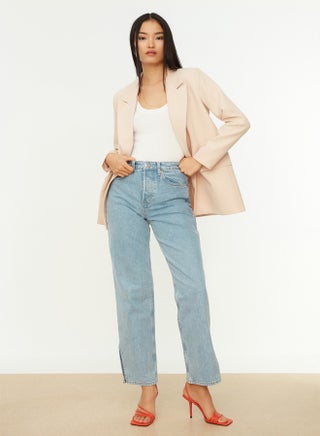 Beige Regular Lined Double Breasted Closure Woven Blazer Jacket