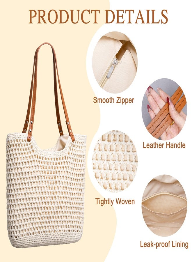 Toptime Crochet Beach Bags for Women, Woven Beach Tote Bag with Zipper & Leak-Proof Lining, Lightweight Boho Shoulder Bags with Leather Handle, Large Capacity Handbags for Summer Vacation Travel - Image 5