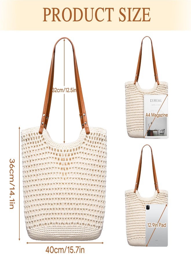 Toptime Crochet Beach Bags for Women, Woven Beach Tote Bag with Zipper & Leak-Proof Lining, Lightweight Boho Shoulder Bags with Leather Handle, Large Capacity Handbags for Summer Vacation Travel - Image 3