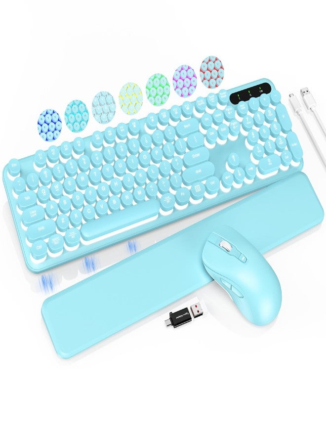 Trueque Wireless Keyboard and Mouse Backlit - Typewriter Keyboard with Detachable Wrist Rest, Retro Round Keycaps, Light Up Letters, 2.4G Cordless Combo for Mac, Windows, PC, Laptop, Trueque(Mint Green) - Image 1