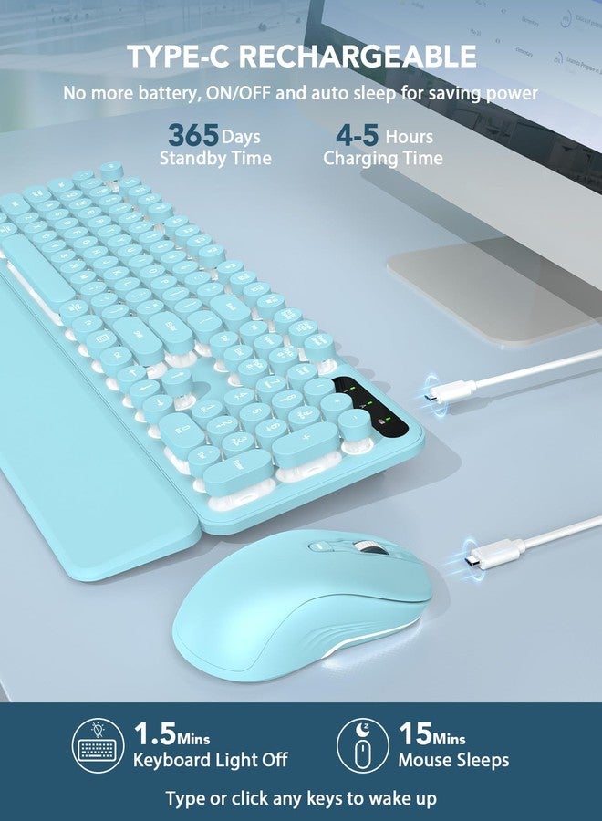 Trueque Wireless Keyboard and Mouse Backlit - Typewriter Keyboard with Detachable Wrist Rest, Retro Round Keycaps, Light Up Letters, 2.4G Cordless Combo for Mac, Windows, PC, Laptop, Trueque(Mint Green) - Image 5