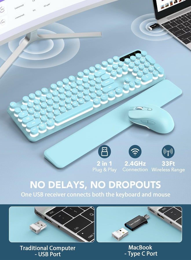 Trueque Wireless Keyboard and Mouse Backlit - Typewriter Keyboard with Detachable Wrist Rest, Retro Round Keycaps, Light Up Letters, 2.4G Cordless Combo for Mac, Windows, PC, Laptop, Trueque(Mint Green) - Image 4
