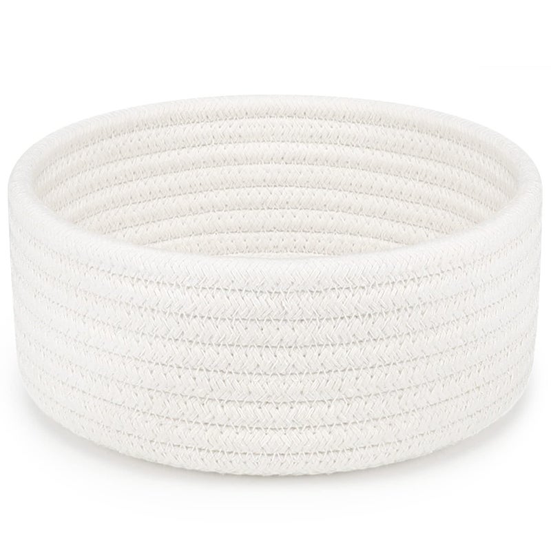 ABenkle Small Woven Basket, Empty Tiny Shallow Storage Basket, Mini Cotton Rope Baskets, Round Decorative Hamper, Basket Storage Bins for Toys, Spa, Socks, Nursery, Living Room- White - Image 1