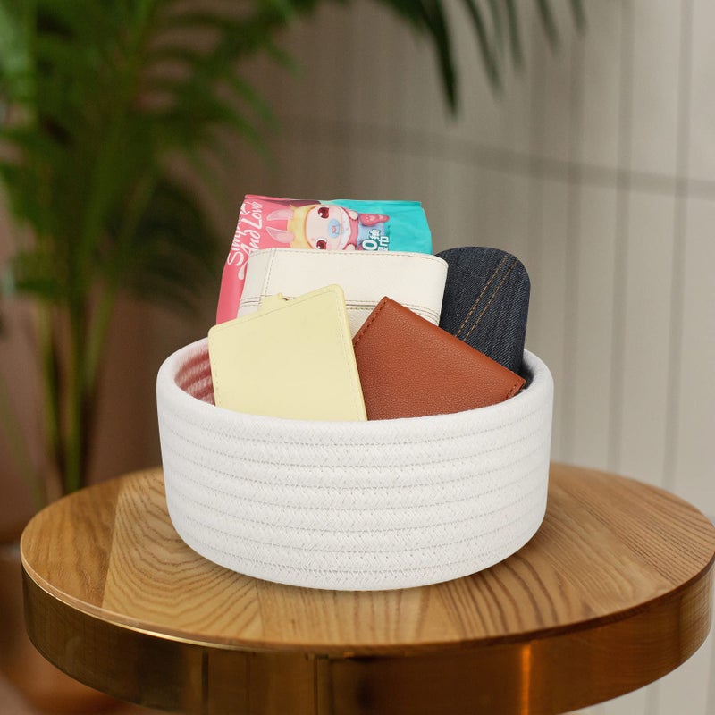 ABenkle Small Woven Basket, Empty Tiny Shallow Storage Basket, Mini Cotton Rope Baskets, Round Decorative Hamper, Basket Storage Bins for Toys, Spa, Socks, Nursery, Living Room- White - Image 3