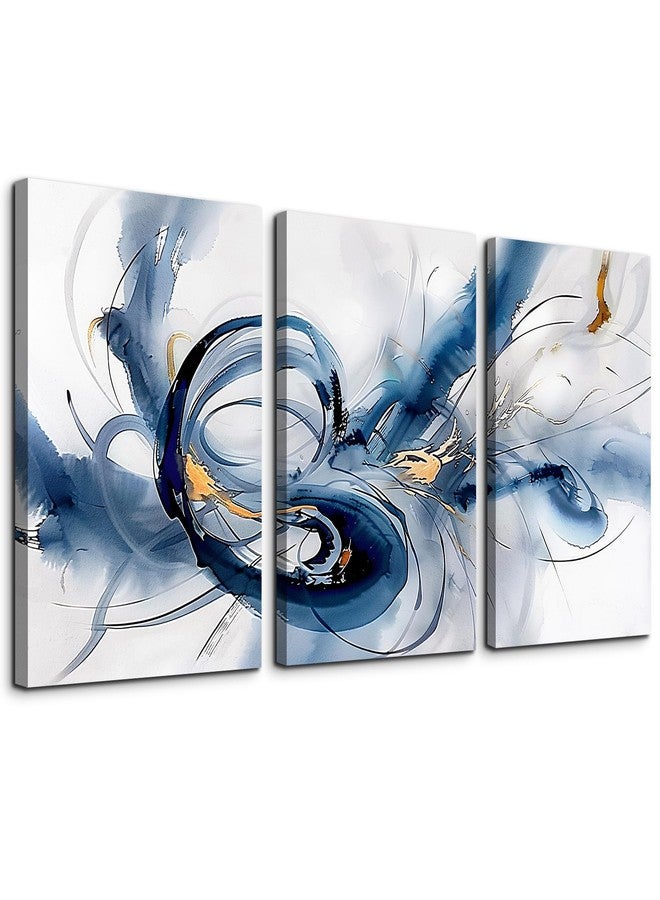 TTHYUEWS Abstract Canvas Wall Decor - Bedroom & Living Room Modern Office Art - Minimalist Blue Ink Wall Paintings - 3 Pieces - Image 1