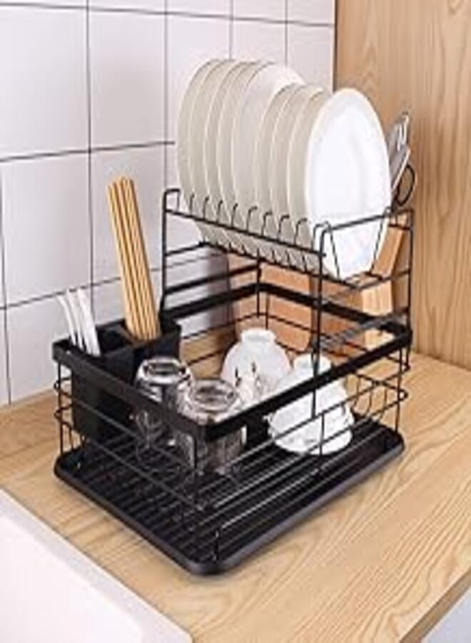 TREETOP Dish Drying Stand Bowl Storage Rack Plate Organizer Utensil Holder for Kitchen Countertop Large Capacity Antibacterial Stylish (Black)
