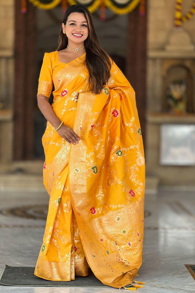 SGF11 Women's Kanjivaram Pure Soft Silk Designer Saree With Blouse Piece (Gold Yellow) - Image 2