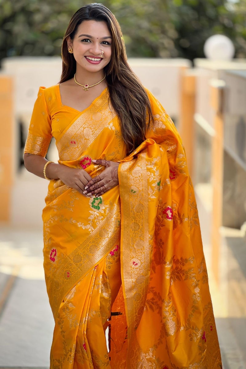 SGF11 Women's Kanjivaram Pure Soft Silk Designer Saree With Blouse Piece (Gold Yellow) - Image 3