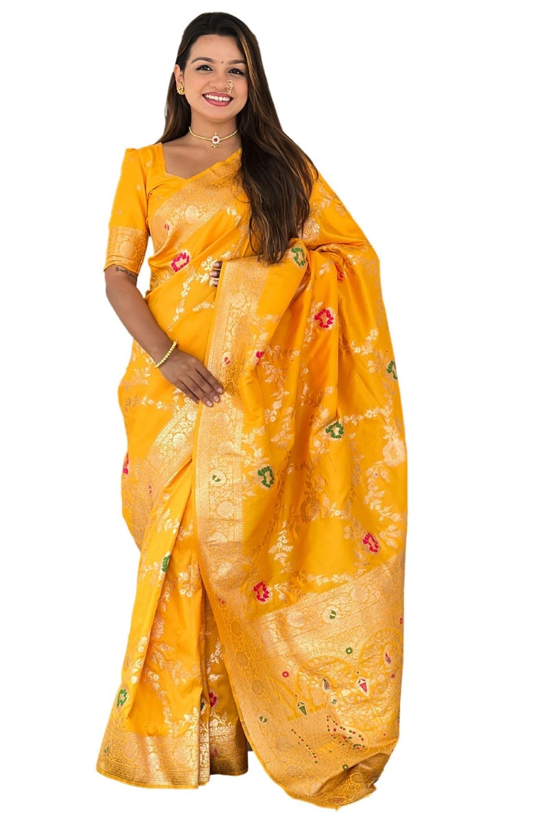 SGF11 Women's Kanjivaram Pure Soft Silk Designer Saree With Blouse Piece (Gold Yellow) - Image 1