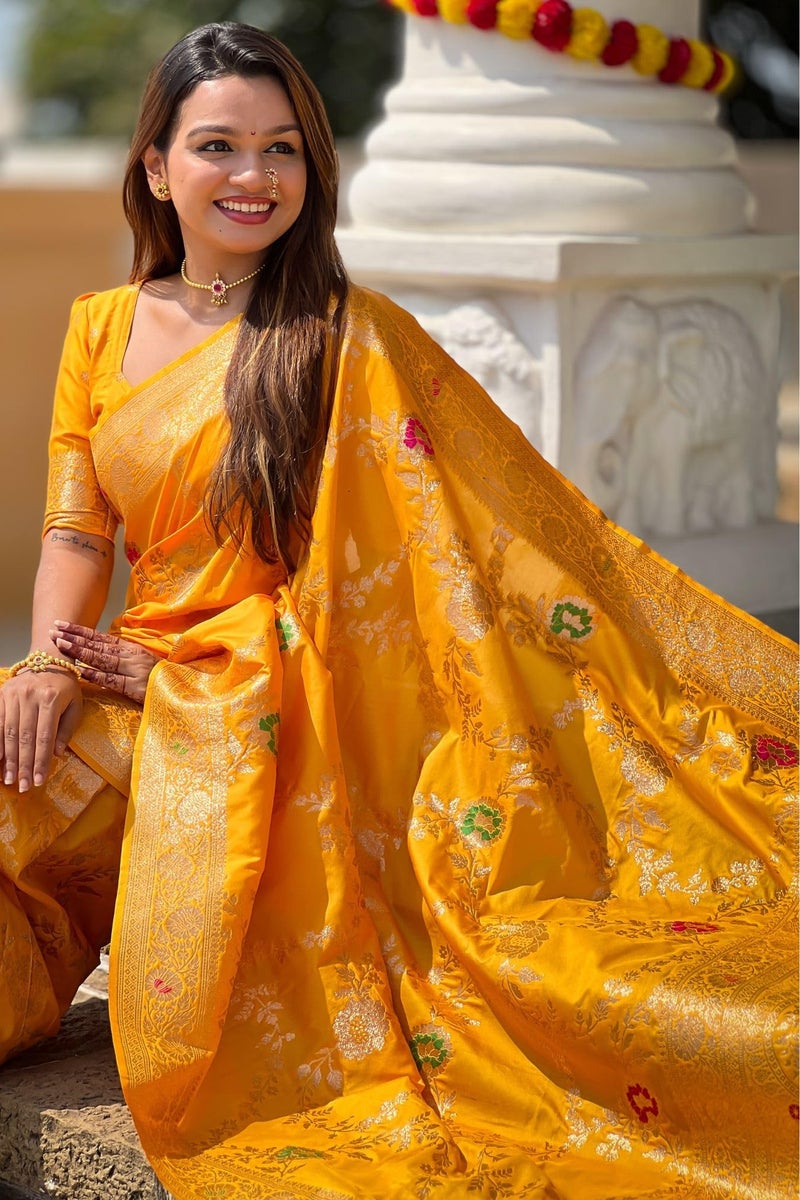 SGF11 Women's Kanjivaram Pure Soft Silk Designer Saree With Blouse Piece (Gold Yellow) - Image 5