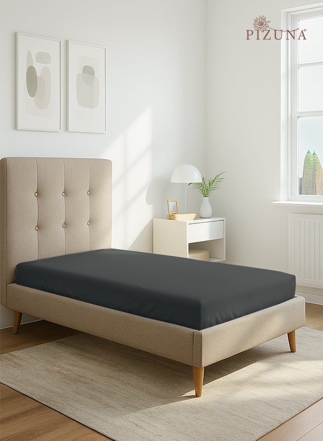 PIZUNA Pure Combed Cotton Fitted Bedsheet Single 90x200 cm, Dark Grey, 400 Thread Count Cool Luxury Soft 100% Long Staple Cotton Sateen Weave, 40cm Deep Pocket Sheet (Fitted Sheet -1PC) - Image 1