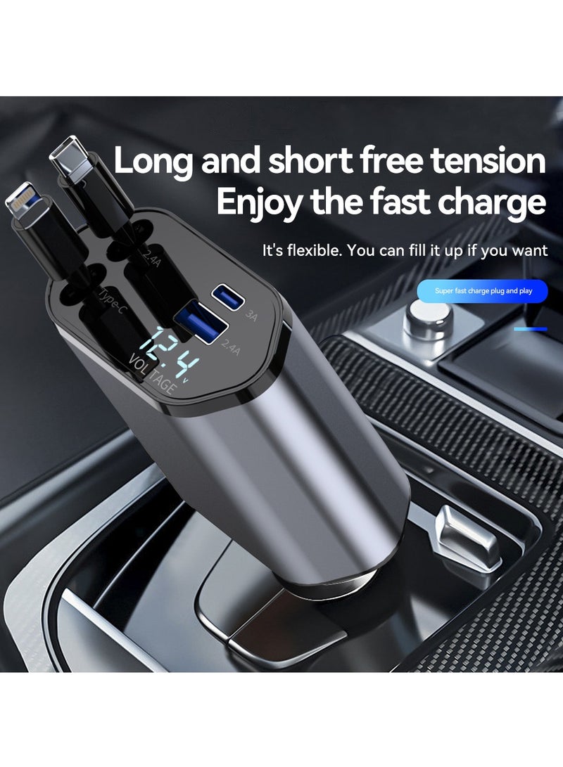 4 in 1 66W Retractable Car Charger Compatible with iPhone 15/14/13/12/11 Fast Car Power Adapter 800mm Cables Type-C Output Max 66W USB and Display - Image 2