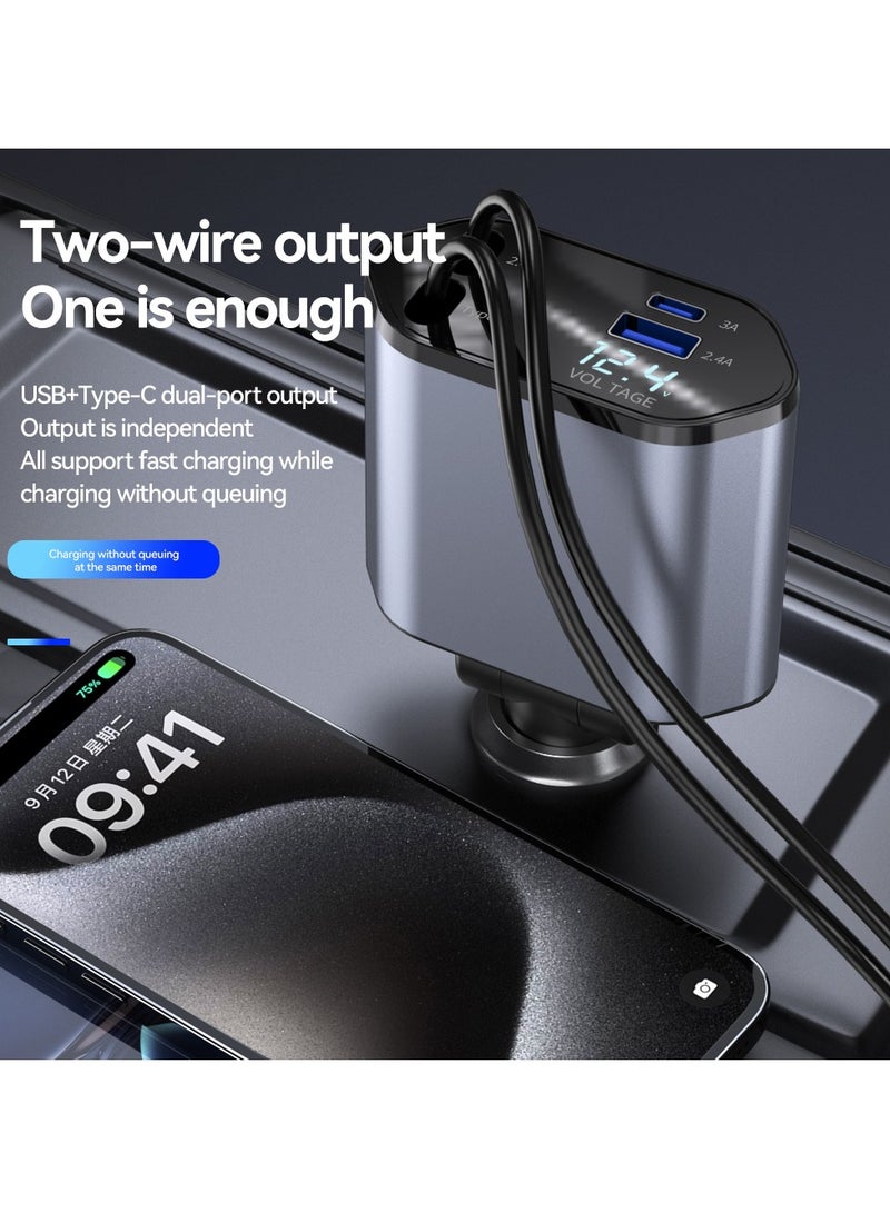 4 in 1 66W Retractable Car Charger Compatible with iPhone 15/14/13/12/11 Fast Car Power Adapter 800mm Cables Type-C Output Max 66W USB and Display - Image 3