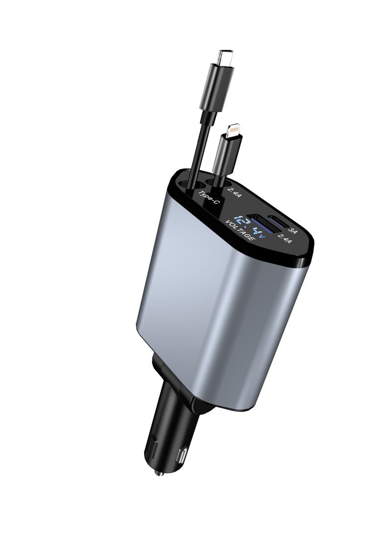 4 in 1 66W Retractable Car Charger Compatible with iPhone 15/14/13/12/11 Fast Car Power Adapter 800mm Cables Type-C Output Max 66W USB and Display - Image 1