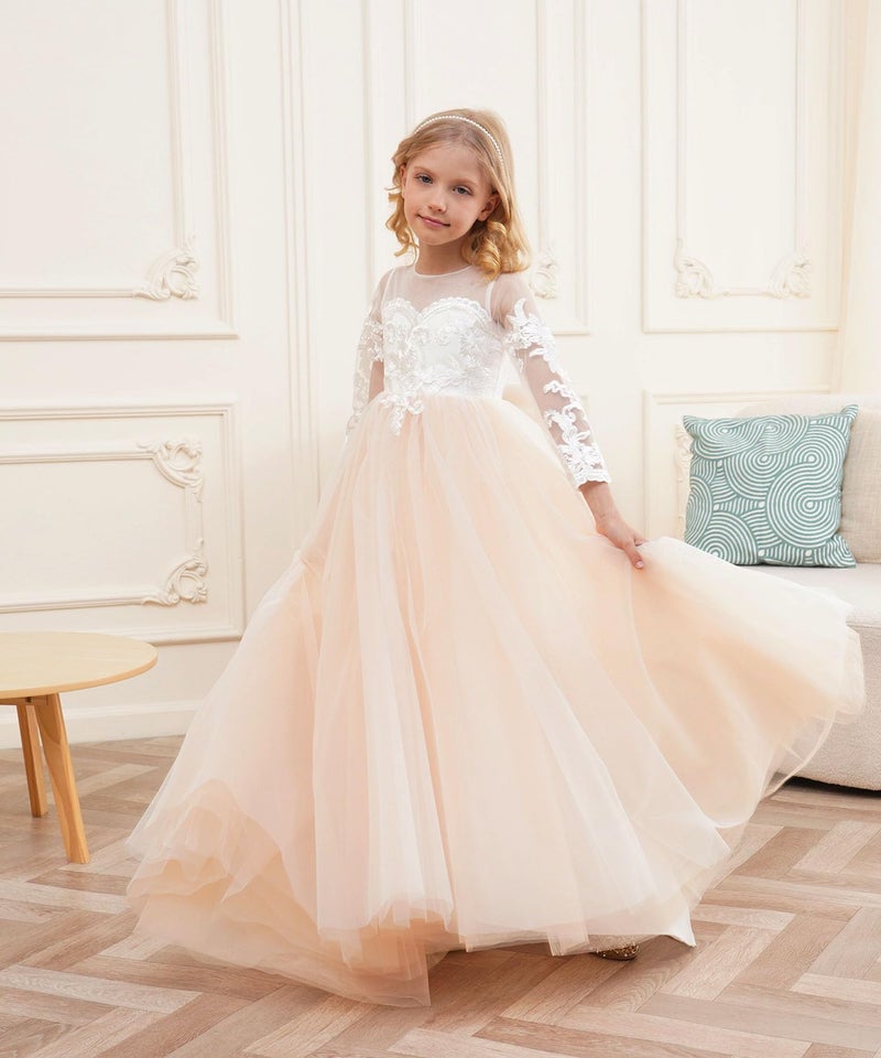 GU ZI YANG Ivory Lace Long Sleeve Flower Girl Dresses Princess Gown Pageant Dress GZY202-IV-8 - Image 3