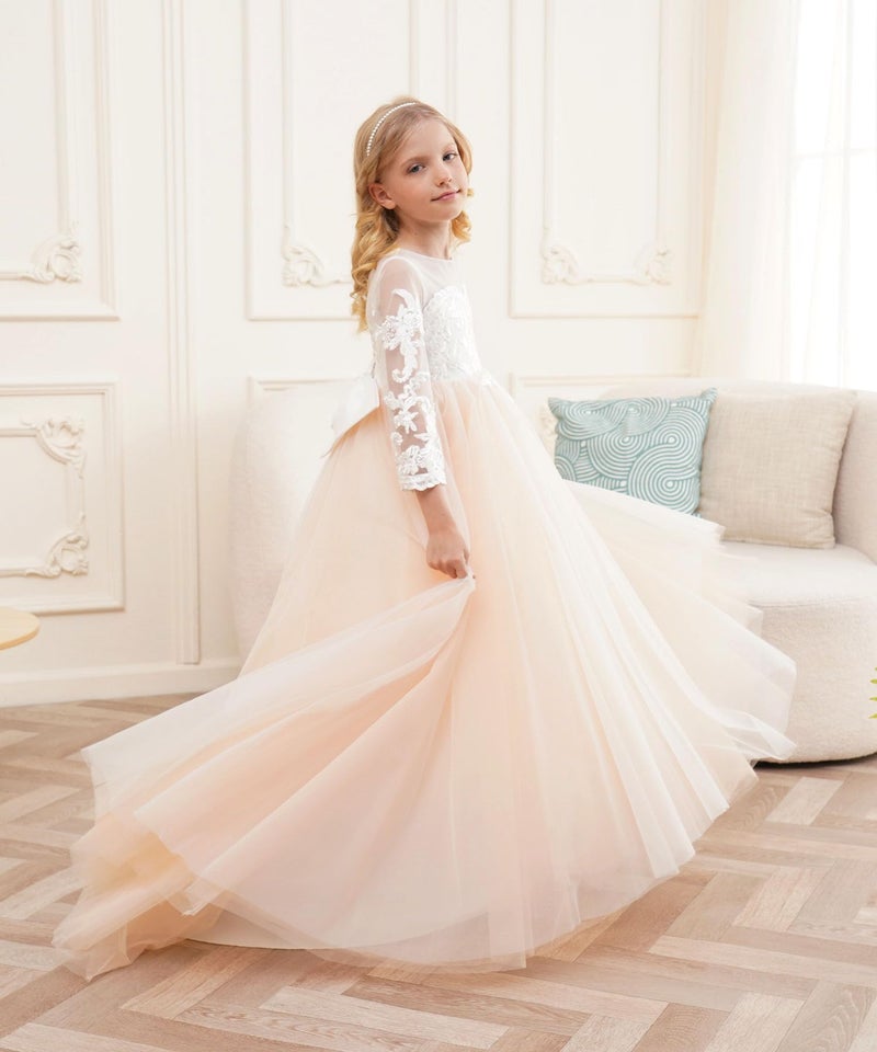 GU ZI YANG Ivory Lace Long Sleeve Flower Girl Dresses Princess Gown Pageant Dress GZY202-IV-8 - Image 4