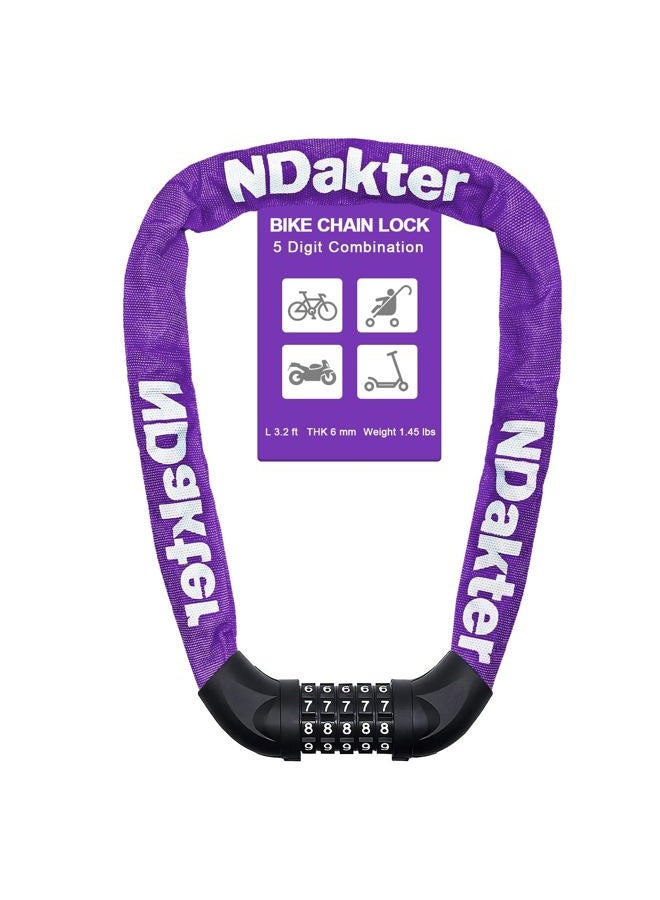 NDakter Bike Chain Lock, 5-Digit Combination Anti-Theft Bicycle Lock, 3.2 feet Long Security Resettable Bike Locks Heavy Duty for Bike, Bicycle, Scooter, Motorcycle, Door, Gate, Fence - Image 1