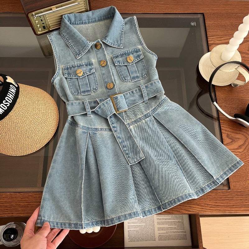Girls Fashionable Sleeveless Denim Skirt 2024 Summer New Korean Style Childrens Lapel Waist Vest for Baby dress Blue 