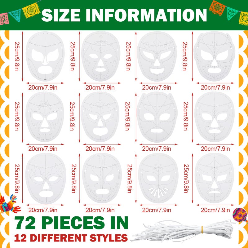 Sosation 72 Pcs Color Your Own Lucha Libre Masks Papel Picado Party DIY Blank Paper Mexican Luchador Masks with Ropes Graffiti Craft for Mexican Traditional Fiesta Birthday Party Favors - Image 2
