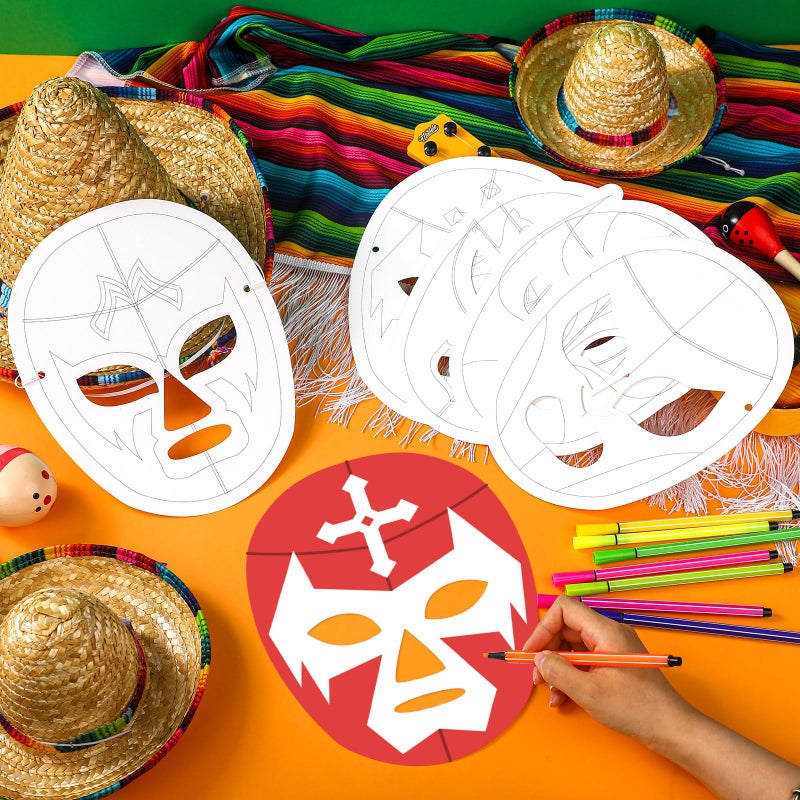 Sosation 72 Pcs Color Your Own Lucha Libre Masks Papel Picado Party DIY Blank Paper Mexican Luchador Masks with Ropes Graffiti Craft for Mexican Traditional Fiesta Birthday Party Favors - Image 3