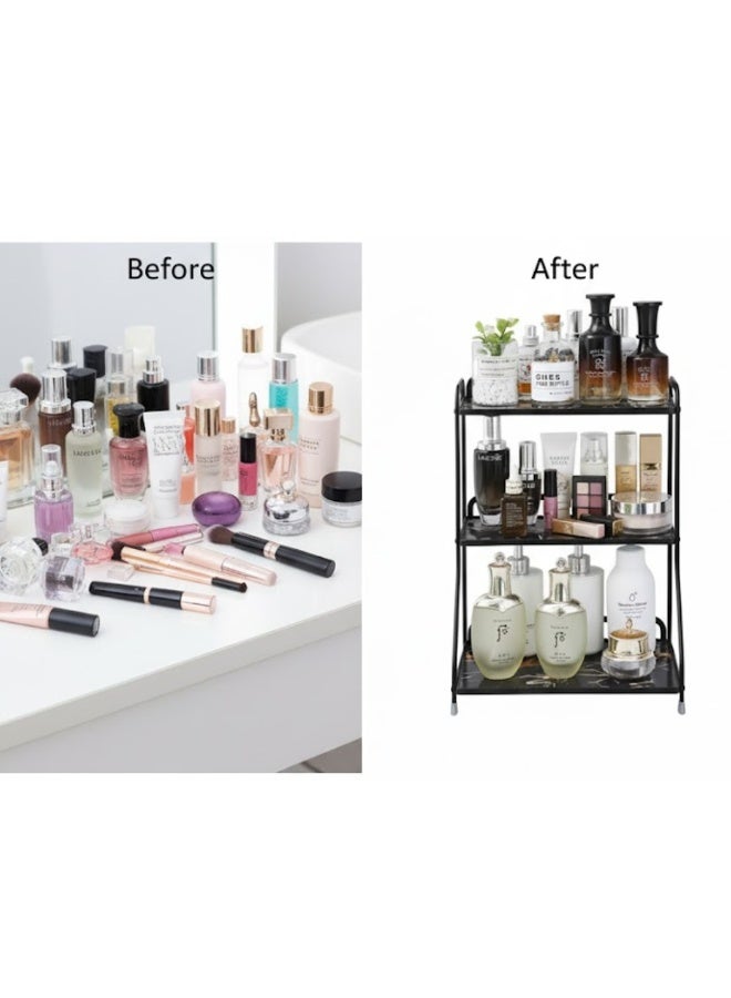 طلال رف منظم لحمام بثلاث طبقات - رف معدني لتخزين مستحضرات التجميل للعناية بالبشرة، مناسب للحمام وغرفة النوم | حامل منظم للعطور، ومستحضرات التجميل، والأمصال، واللوشن، ومنتجات التجميل (أسود) - Image 2