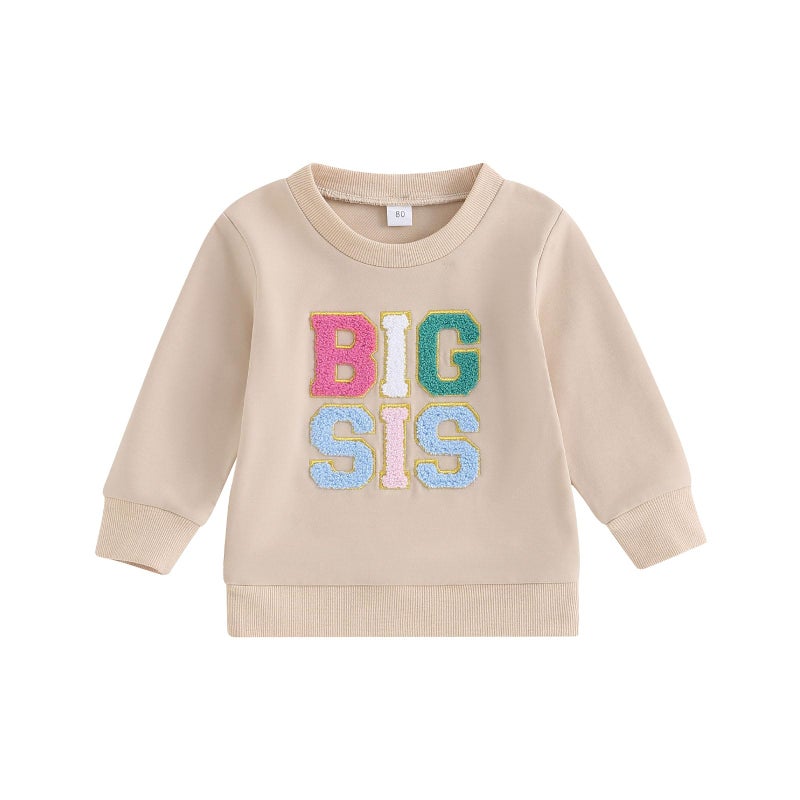 Ayalinggo Toddler Baby Girl Boy Matching Clothes Big/Lil Sis/Bor Crewneck Sweatshirt Romper Onesie Sister Brother Outfits (Beige BIG SIS, 6-12 Months) - Image 1