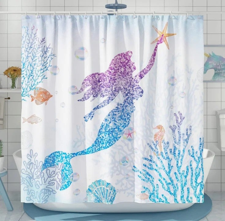 Bluejw Design 3D Printing Cute Ocean Mermaid Bathroom Children Shower Curtain 4 Pieces Set with Hooks Anti-slip Carpet - Image 1