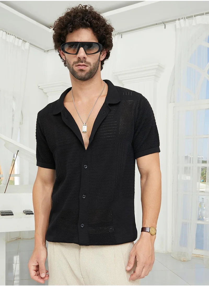Campus Sutra Men's Onyx Black Maxi-Grid Knit Polo Shirt