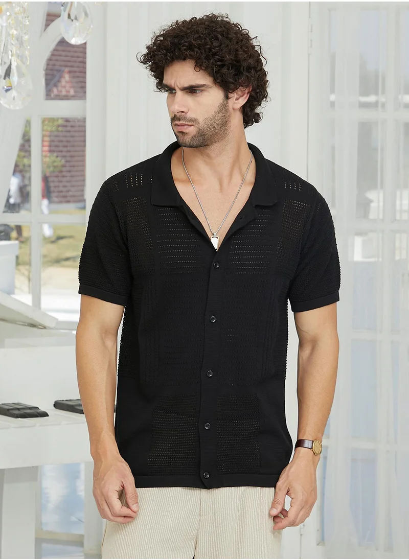 Campus Sutra Men's Onyx Black Maxi-Grid Knit Polo Shirt